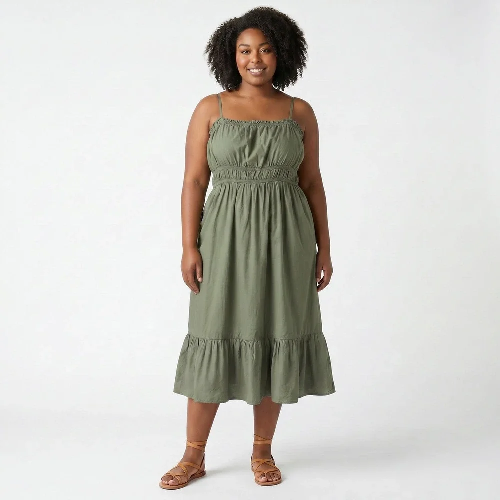 Dizzy Lizzy‎ Midi Dress XL Olive Green Cotton Smocked Ruffle Spaghetti Strap